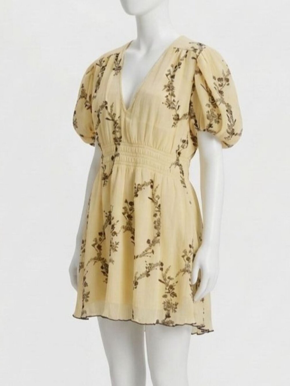 Ganni Women's Yellow Pleated Georgette V-Neck Puff-Sleeve Mini Dress Size 36